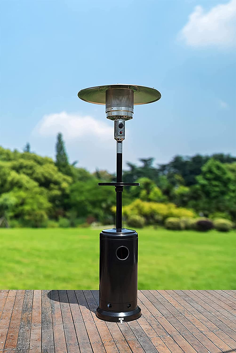 Outdoor Gas Patio Heater - Includes WEATHERPROOF COVER - Freestanding Outdoor Garden Heater with Drinks Table - Portable Wheels - 13.5KW (Black)