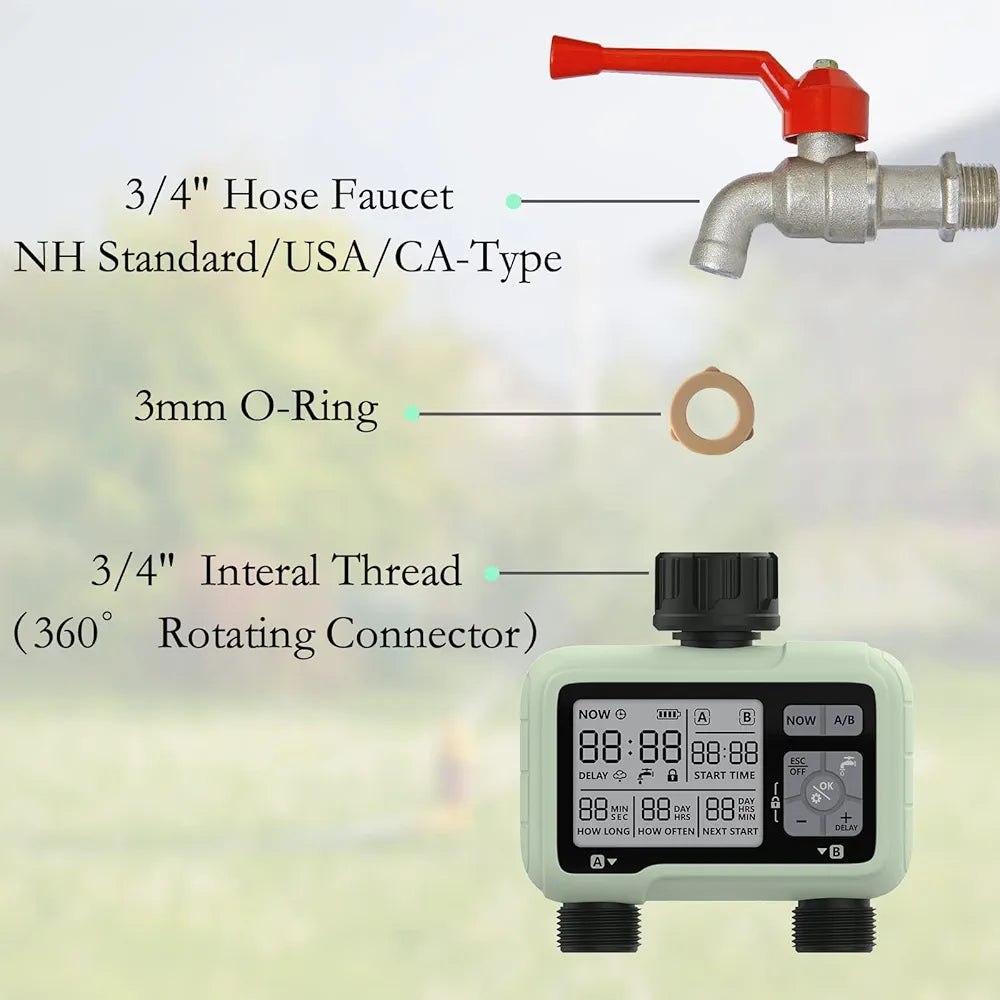 CROSOFMI Water Timer 2 Outputs Garden Water Timer Automatic Irrigation/LCD Screen/Easy Operation/Child Lock/Heavy Rain Delay/Manual Irrigation
