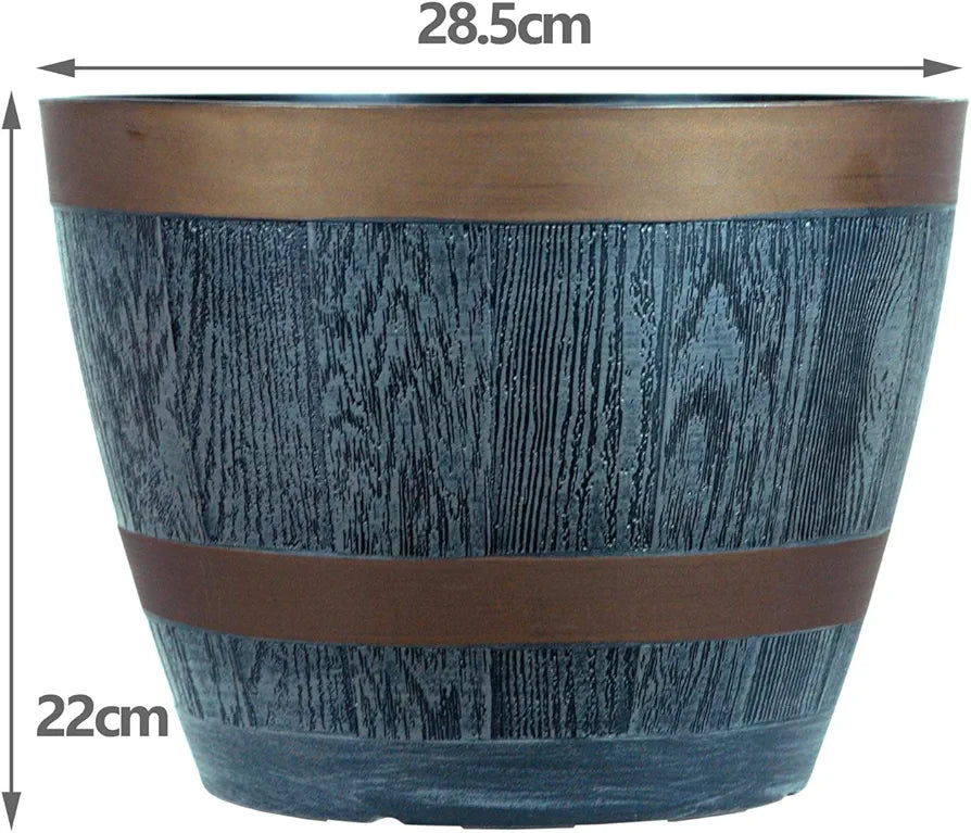 Rustic Style Dark Grey Plastic Half Barrel Cask Planters 28.5cm Diameter - Set of 2 - Indoor & Outdoor Flower/Plant Pot.