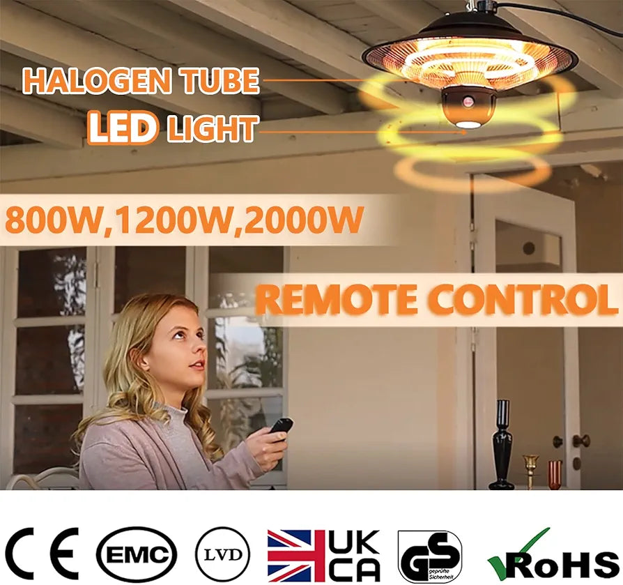 DONYER POWER Electric Outdoor Heaters for Garden Patio Heater with Remote Halogen Heater Ceiling Mounted, 800W/1200W/2000W Greenhouse Infrared Heaters