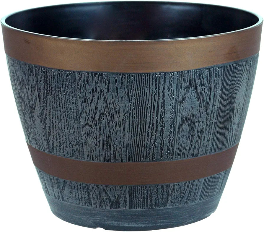 Rustic Style Dark Grey Plastic Half Barrel Cask Planters 28.5cm Diameter - Set of 2 - Indoor & Outdoor Flower/Plant Pot.