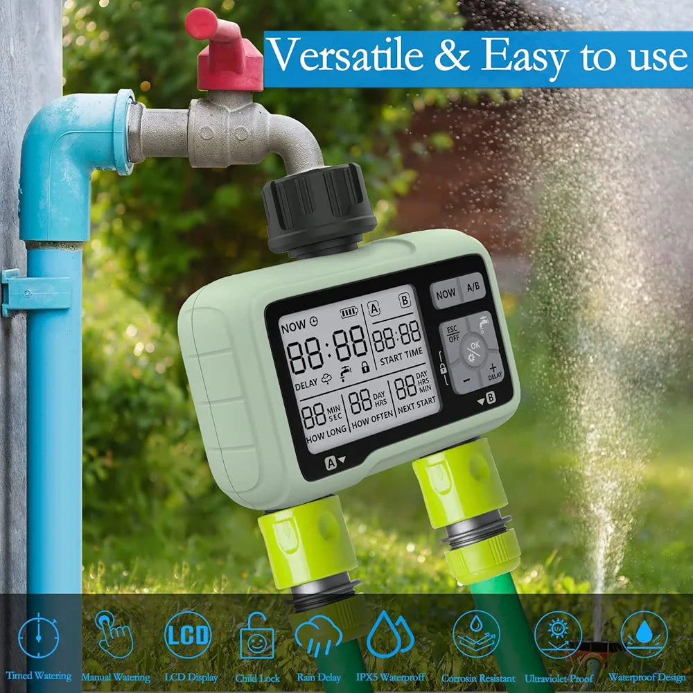 CROSOFMI Water Timer 2 Outputs Garden Water Timer Automatic Irrigation/LCD Screen/Easy Operation/Child Lock/Heavy Rain Delay/Manual Irrigation