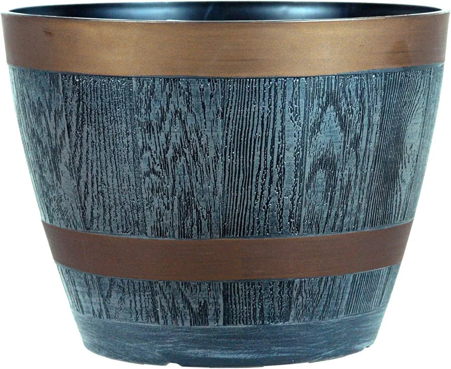 Rustic Style Dark Grey Plastic Half Barrel Cask Planters 28.5cm Diameter - Set of 2 - Indoor & Outdoor Flower/Plant Pot.