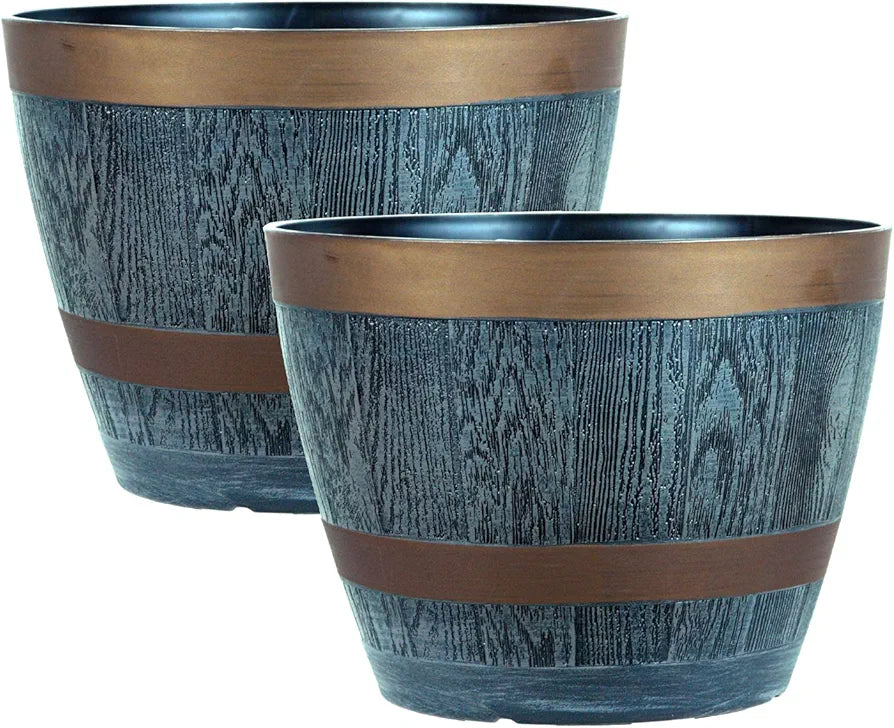 Rustic Style Dark Grey Plastic Half Barrel Cask Planters 28.5cm Diameter - Set of 2 - Indoor & Outdoor Flower/Plant Pot.