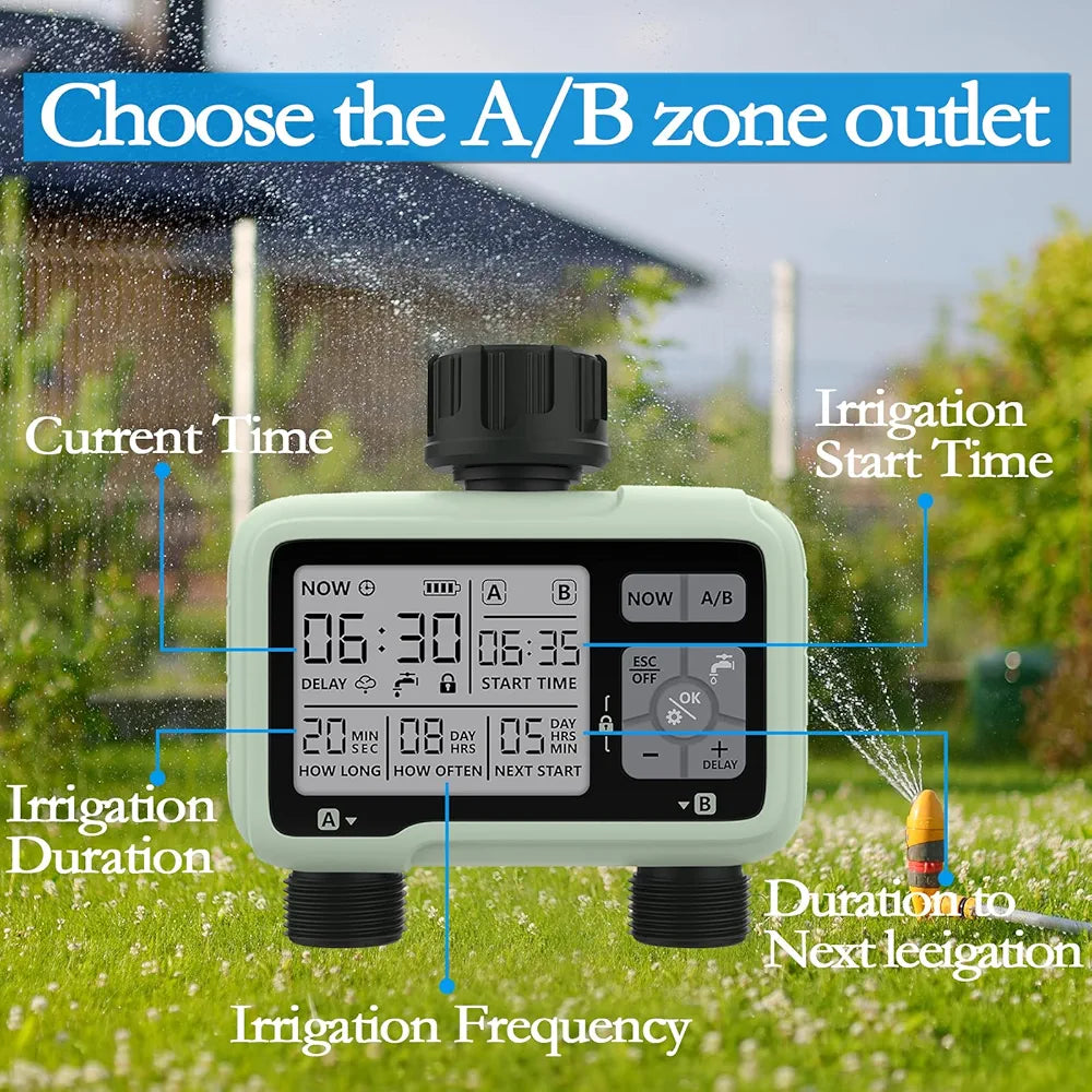 CROSOFMI Water Timer 2 Outputs Garden Water Timer Automatic Irrigation/LCD Screen/Easy Operation/Child Lock/Heavy Rain Delay/Manual Irrigation
