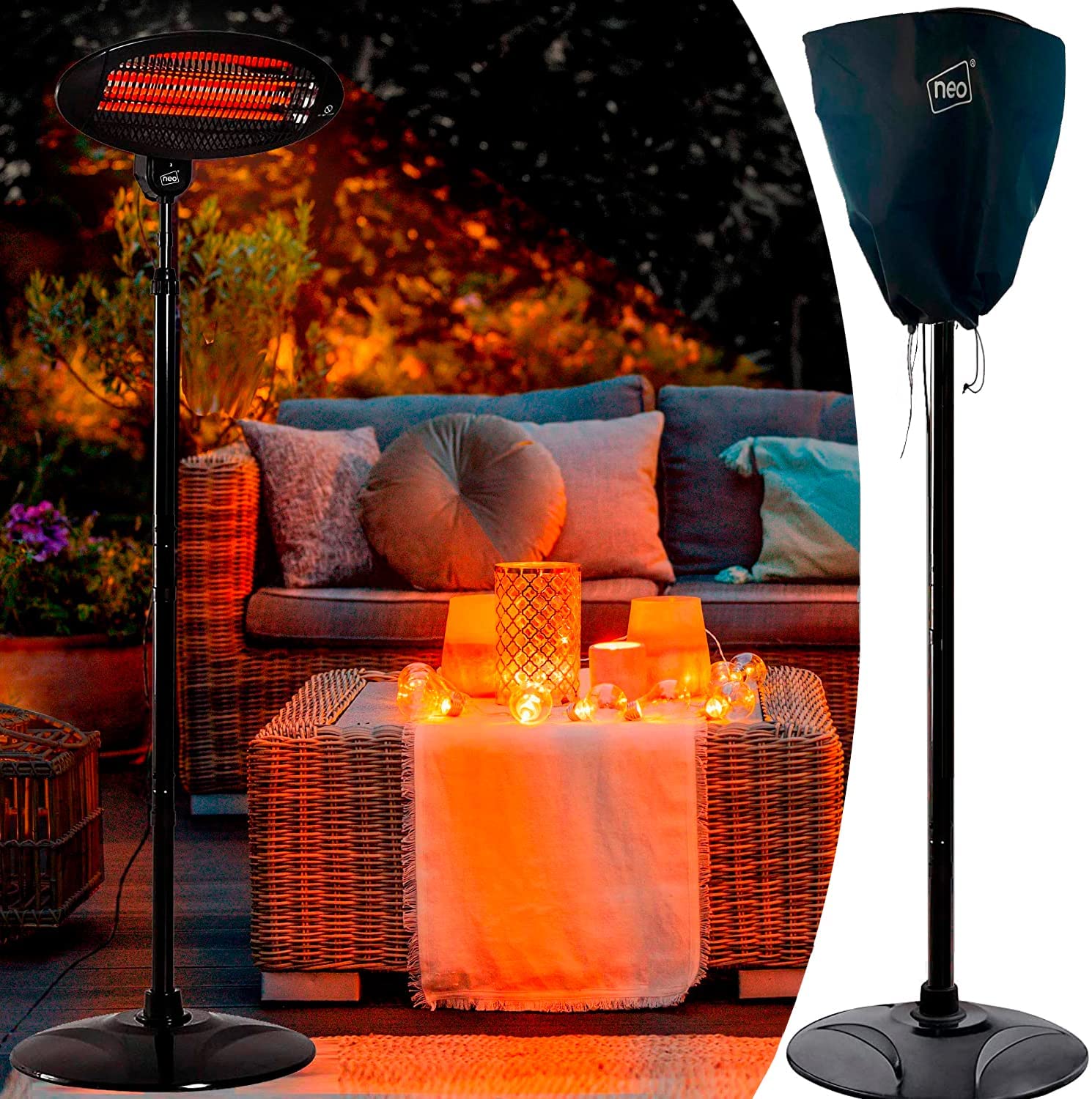 ACE 2KW Electric Quartz Outdoor Standing Waterproof Garden Patio Heater Includes Rain Waterproof Protective Cover
